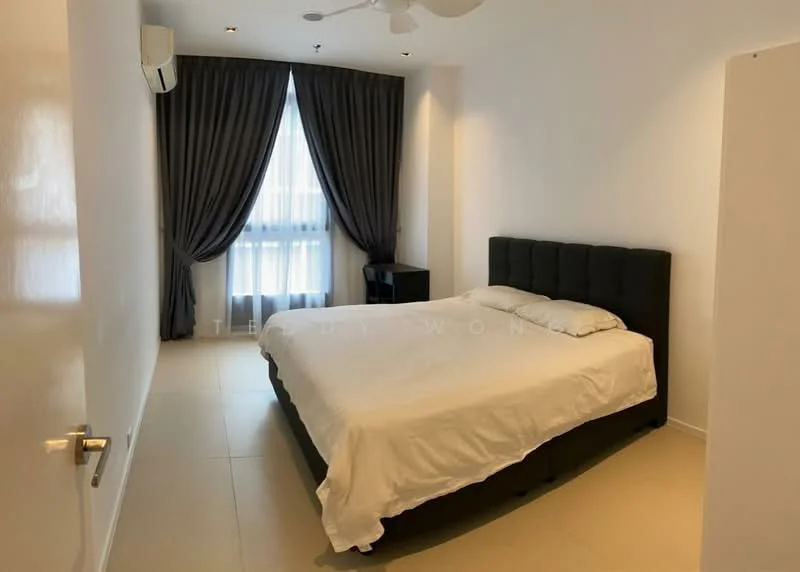 Bedroom features: king-size bed with upholstered headboard, white bedding, floor-to-ceiling window, dark grey curtains, wall-mounted split AC, light-colored tiled flooring, nightstand, desk, recessed ceiling lights, ceiling fan; style: modern.