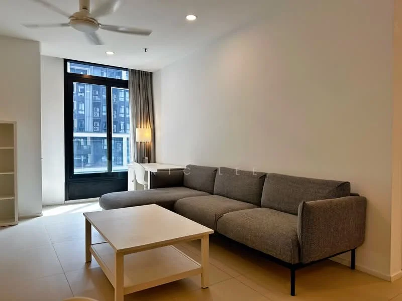 Living features: 3-seater fabric sofa in grey, coffee table, floor-to-ceiling windows, white painted walls, light-colored tiled flooring, ceiling fan, natural light from windows, curtains, minimalist decor; style: modern.
