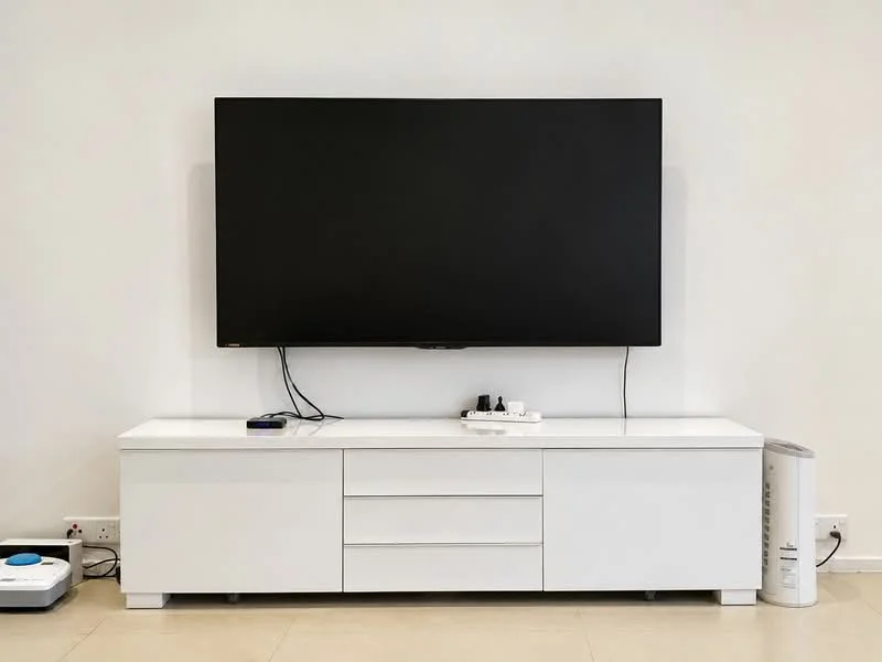 Room features: wall-mounted flat-screen TV, white TV console with drawers, minimalist design, light-colored flooring, cable management system, robot vacuum cleaner, white cylindrical air purifier; style: modern.