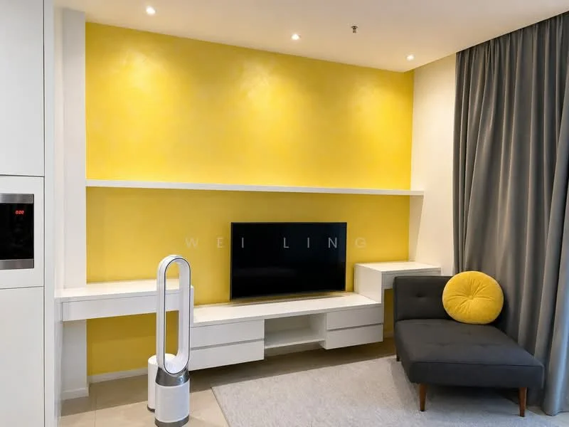 Living features: yellow accent wall, white built-in shelving, black wall-mounted TV, grey fabric sofa, yellow decorative cushion, light grey area rug, recessed ceiling lights, curtains in grey fabric, floor-mounted air purifier; style: modern.