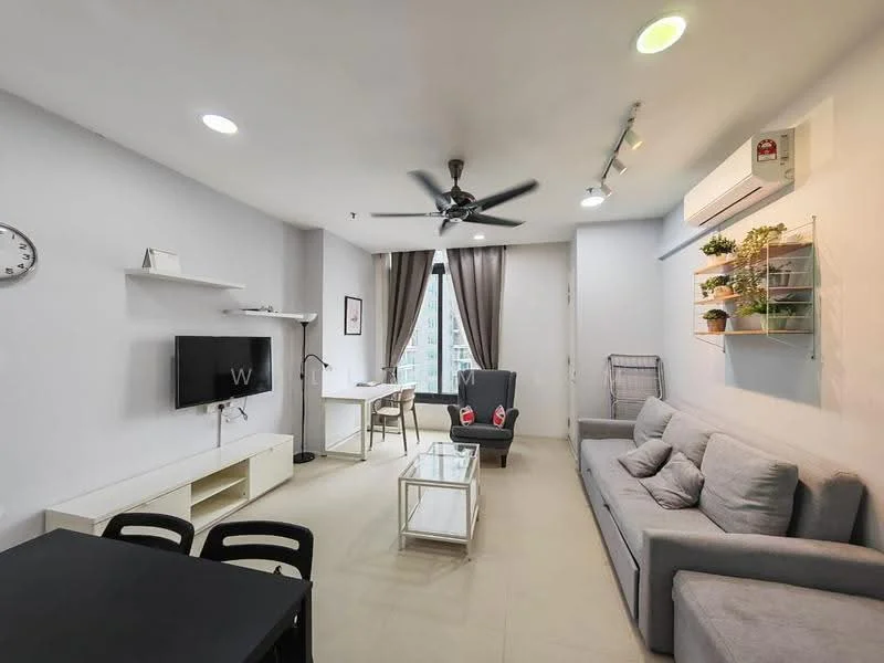 Living features: grey fabric sofa, 2-seater sofa, coffee table with glass top, wall-mounted TV, TV console, ceiling fan with light, recessed downlights, floor-to-ceiling windows, curtains, decorative wall shelf with plants, study desk with chair, clock on wall; style: modern; view: city.