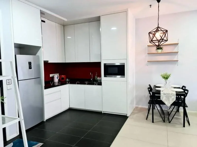 Kitchen features: white high-gloss cabinetry, black granite countertop, built-in microwave, stainless-steel fridge, 4-burner gas hob, stainless-steel range hood, red backsplash, single-bowl stainless-steel sink, chrome pull-down faucet, recessed downlights, pendant light, open shelving, tile flooring in black, dining table with 4 black chairs; style: modern.
