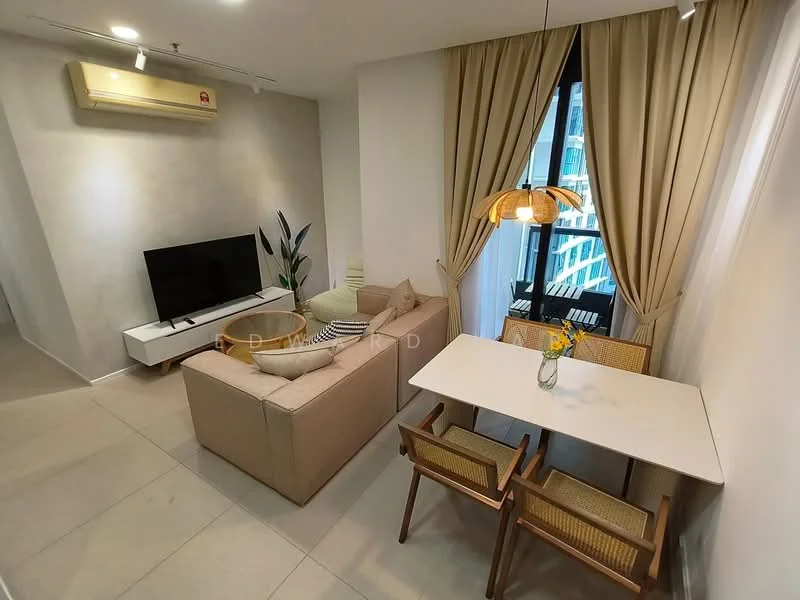 Living features: light grey painted walls, cream tiled flooring, 5-blade ceiling fan with light, wall-mounted TV, sofa in beige fabric, coffee table, floor-to-ceiling windows, sheer curtains, decorative plant, dining table with 2 chairs, pendant lamp; style: modern; view: city.