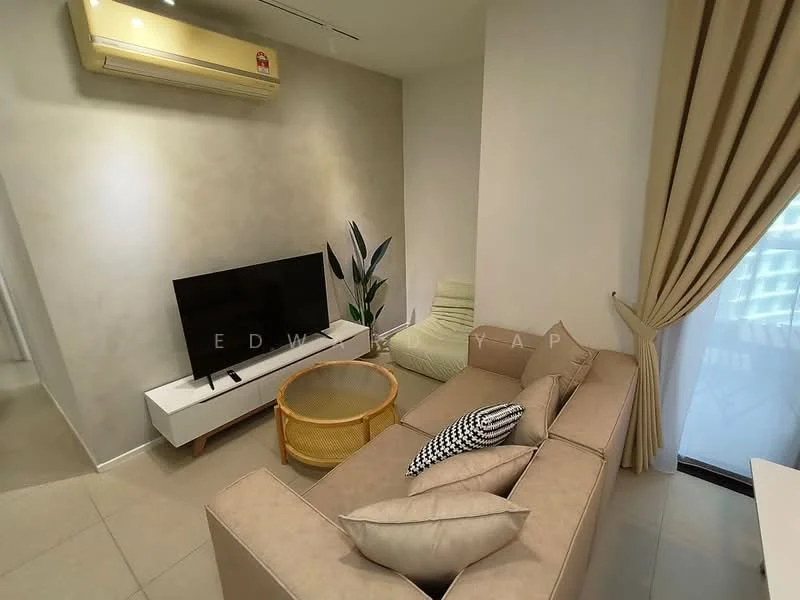 Living features: beige fabric sofa, coffee table with round glass top, wall-mounted TV, white TV console, floor-to-ceiling window, sheer curtains, air conditioning unit, decorative houseplant, accent chair in light green, decorative cushions; style: modern.