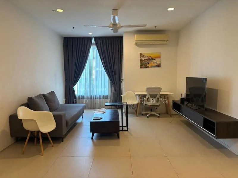 Living features: grey fabric sofa, white plastic armchair, wood coffee table, black TV console, wall-mounted TV, floor-to-ceiling window, sheer curtains, recessed downlights, ceiling fan, air conditioning unit, study desk with ergonomic chair; style: modern; view: city.