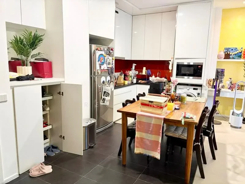 Kitchen features: white cabinetry, stainless-steel fridge, built-in oven, microwave, red backsplash, black countertop, dining table with 4 chairs, open shelving, kitchen island, floor tiles in dark grey, decorative plant, various kitchen appliances, storage cabinet, dish rack; style: modern.