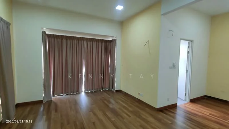 Room features: wooden flooring, yellow painted walls, curtains in beige, recessed ceiling lights, doorway leading to another room, window with no visible treatment, baseboards, no visible furniture; style: modern.