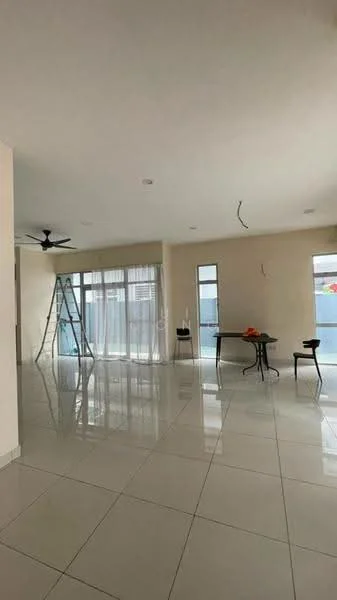 Living features: white painted walls, glossy ceramic tile flooring, 5-blade ceiling fan, large windows with sheer curtains, sliding glass door, open layout, dining table, chairs, step ladder, decorative plants, natural light; style: modern.