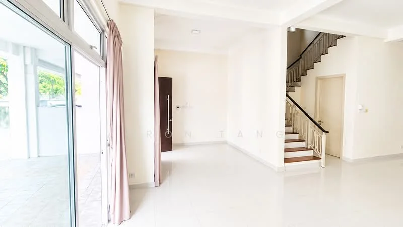 Living features: white painted walls, light-colored floor tiles, large sliding glass door, staircase with wooden railing, recessed ceiling lights, open layout, natural light from windows, neutral color scheme; style: modern; view: garden.