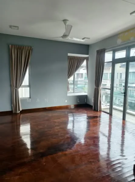Room features: wooden flooring, light blue painted walls, floor-to-ceiling windows, sheer curtains, 5-blade ceiling fan, natural light from windows, balcony access, view of exterior buildings; style: modern; view: city.