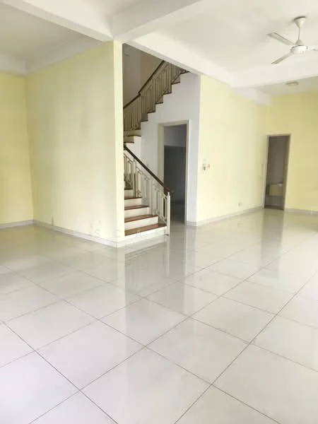 Living features: white painted walls, glossy ceramic tile flooring, ceiling fan, staircase with metal railing, large open space, neutral color scheme, multiple light sources, no visible furniture; style: modern.