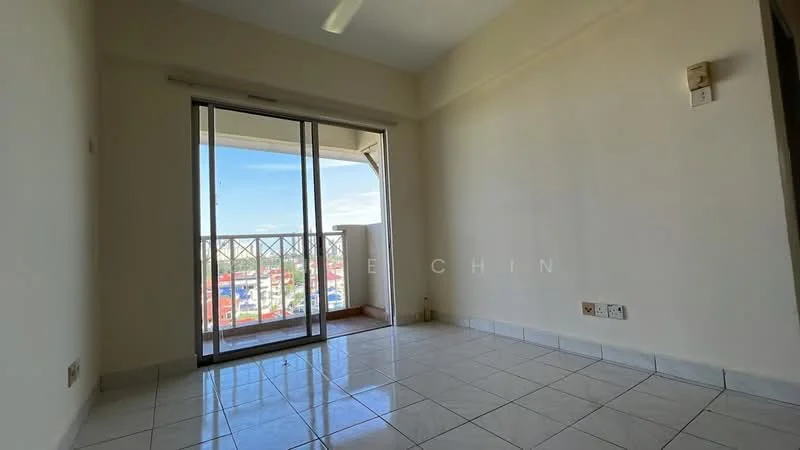 Room features: white painted walls, ceramic tile flooring, sliding glass door, floor-to-ceiling windows, balcony access, ceiling fan, natural light from windows, city view from balcony; view: city.