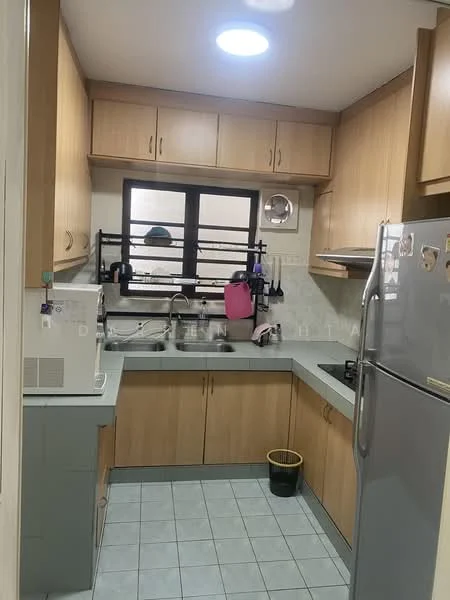 Kitchen features: light wood cabinetry, grey laminate countertop, stainless-steel fridge, single-bowl stainless-steel sink, chrome pull-down faucet, built-in microwave, 4-burner gas hob, tile flooring, white tiled backsplash, window above sink, metal rack for utensils, black trash bin; style: modern.