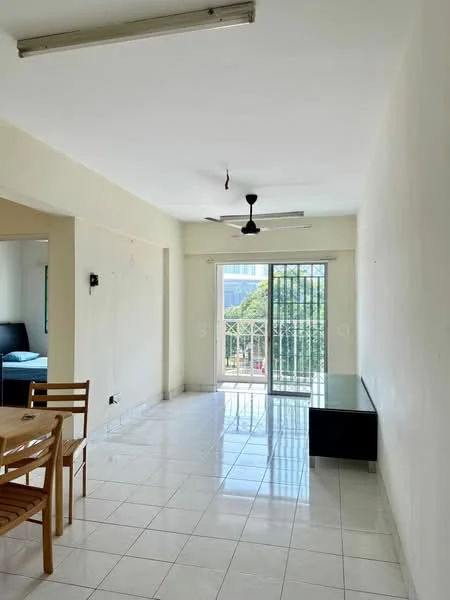 Living features: white painted walls, glossy white tile flooring, 5-blade ceiling fan, sliding glass door, floor-to-ceiling windows, dining table with 4 wooden chairs, black TV console, natural light from balcony, view of greenery outside; style: modern; view: garden.