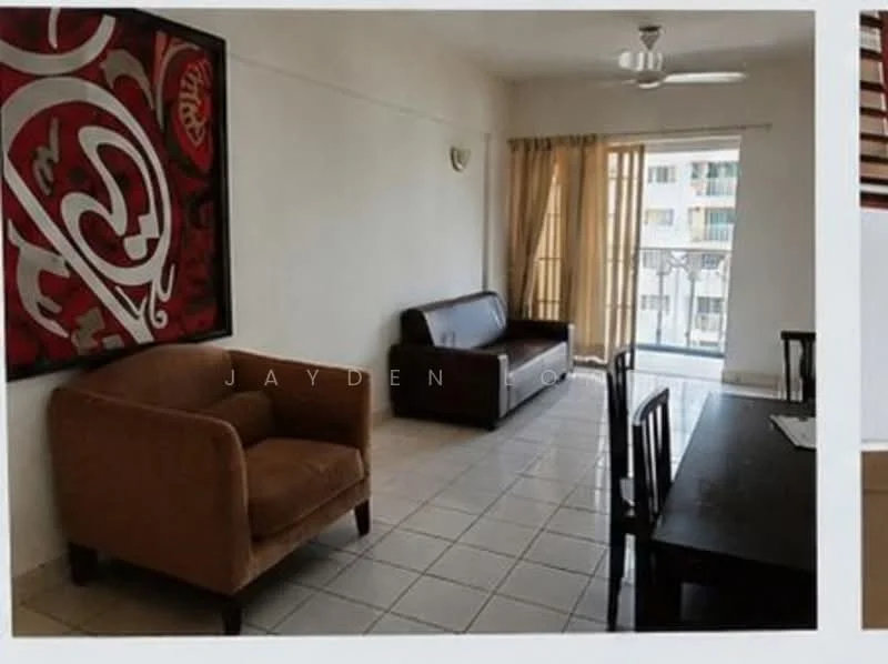 Living features: white painted walls, ceramic tile flooring, 5-blade ceiling fan, sofa in brown leather, armchair in tan fabric, dining table with four chairs, floor-to-ceiling windows, sheer curtains, decorative wall art; style: modern.
