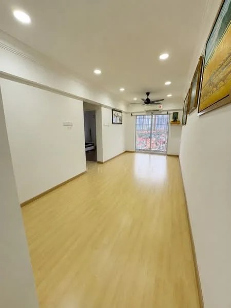 Room features: light wood laminate flooring, white painted walls, recessed downlights, 5-blade ceiling fan, floor-to-ceiling windows, sliding glass door, decorative artwork on walls, open layout; style: modern; view: city.