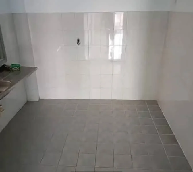 Laundry features: grey ceramic tile flooring, white tiled walls, stainless-steel sink, wall-mounted faucet, window for natural light.
