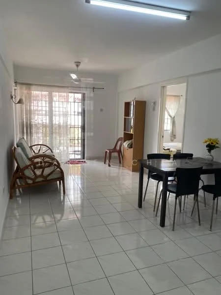 Living features: white painted walls, glossy white tile flooring, large sliding glass door, sheer curtains, ceiling light fixture, 2-seater rattan sofa, 1 armchair, dining table with 4 black chairs, decorative vase with flowers, open layout, natural light from windows; style: modern; view: garden.