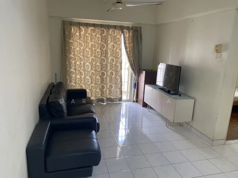 Living features: black leather sofa, white TV console, wall-mounted TV, large window with sheer curtains, white tiled flooring, ceiling fan, decorative wall with light pattern, neutral painted walls; style: modern.