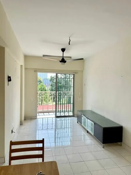 Living features: white painted walls, glossy tile flooring, 5-blade ceiling fan, sliding glass door, balcony access, TV console, natural light from windows, view of greenery; view: garden.