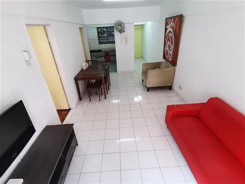 Living features: red fabric sofa, 2-seater beige fabric sofa, wooden dining table for 4, white tiled flooring, wall-mounted TV, black TV console, ceiling fan, decorative wall art, light-colored walls, open layout; style: modern.