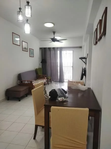 Living features: white painted walls, ceramic tile flooring, 5-blade ceiling fan with light, recessed downlights, sofa in purple fabric, green accent chair, wooden dining table with 4 chairs, TV console mounted on wall, curtains in grey fabric, decorative wall art, coffee table, area rug; style: modern.