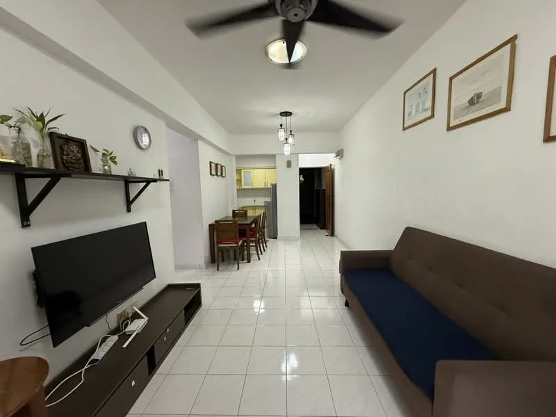 Living features: white painted walls, glossy white tile flooring, 5-blade ceiling fan with light, wall-mounted TV, black TV console, shelf with decorative plants, brown fabric sofa, area rug, decorative wall art; style: modern. Dining features: wooden dining table, 4 dining chairs, pendant lighting, open layout to kitchen, white painted walls, glossy white tile flooring; style: modern.