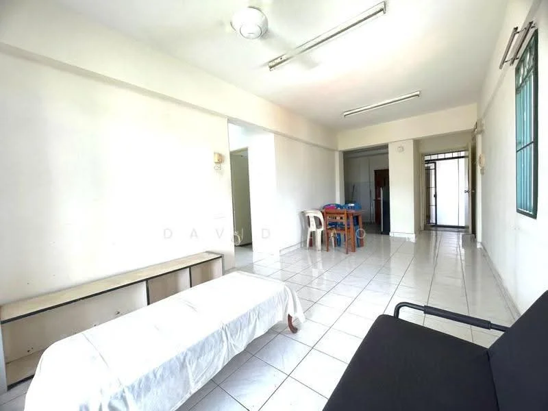 Living features: white painted walls, tile flooring, ceiling lights, window with metal grille, sofa, coffee table, dining table with chairs, open layout, doorway leading to another room.