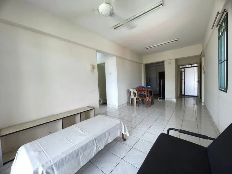 Living features: white painted walls, white tiled flooring, ceiling fan, window with metal grille, sofa, coffee table, dining table with chairs, doorway leading to other rooms.
