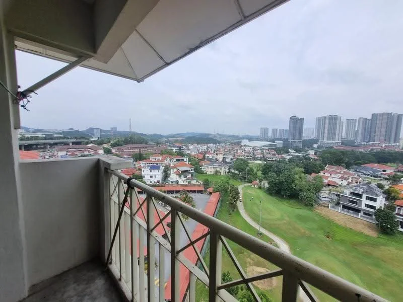 Room features: balcony with railing, concrete flooring, city skyline view, green landscape view, overlooking residential area; view: city.