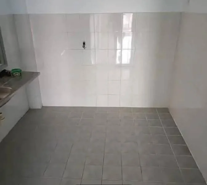 Laundry features: grey ceramic tile flooring, white tiled walls, single-bowl stainless-steel sink, wall-mounted faucet, window for natural light.