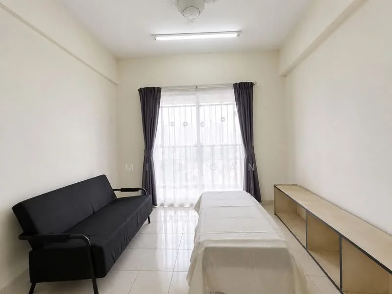 Living features: black fabric sofa, white table, floor-to-ceiling windows, sheer curtains, dark curtains, white painted walls, tile flooring, ceiling light fixture; style: modern.