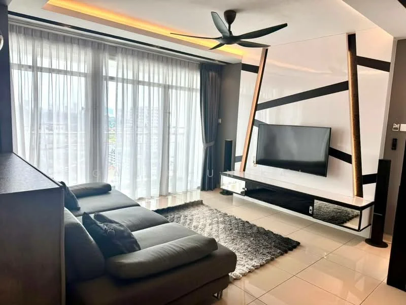 Living features: 3-seater fabric sofa in grey, area rug with geometric pattern, wall-mounted TV, TV console in white, ceiling fan with integrated LED light, floor-to-ceiling windows with sheer curtains, decorative wall with black and white accents, recessed lighting, polished tile flooring; style: modern; view: city.