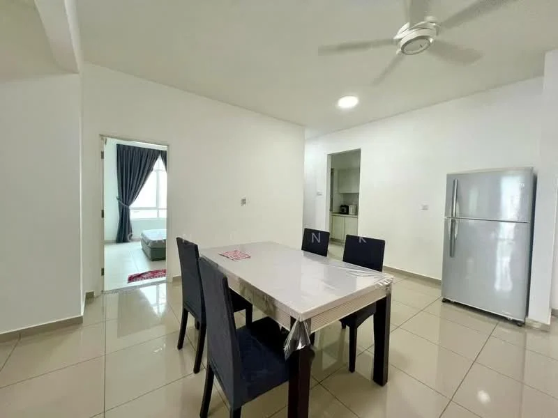 Dining features: dining table with white tabletop, 4 upholstered dining chairs in navy blue, ceiling fan with light, white painted walls, glossy beige tile flooring, refrigerator in silver, doorway leading to another room, window with sheer curtains; style: modern. Room features: white painted walls, glossy beige tile flooring.