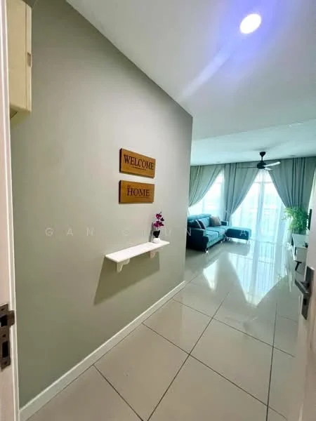 Room features: grey painted walls, white ceiling, recessed downlights, glossy tile flooring, wall-mounted shelf, decorative wall art, curtains, sofa in living area, indoor plants; style: modern.