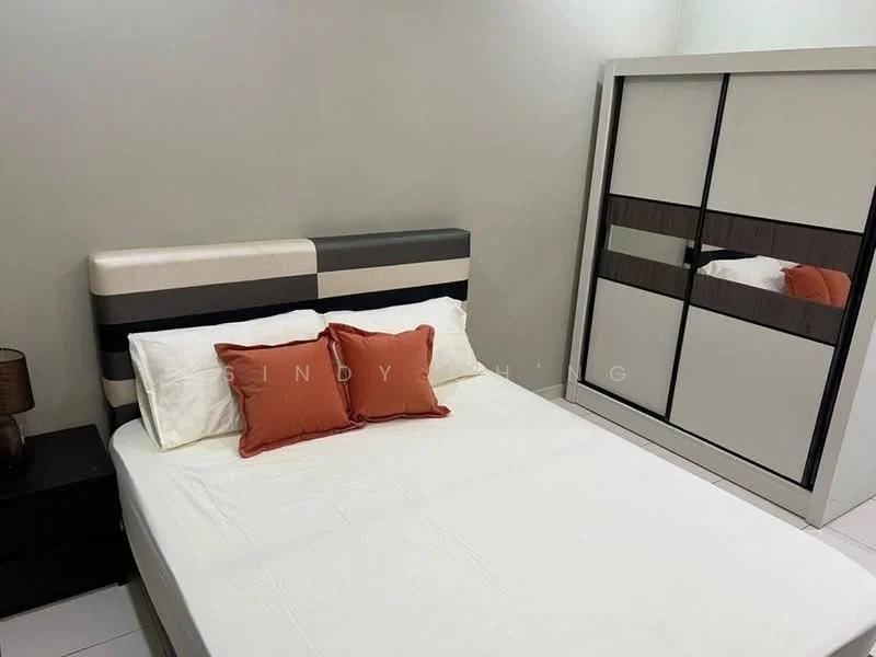 Bedroom features: queen-size bed with upholstered headboard, white bedding with orange accent pillows, nightstand with lamp, built-in wardrobe with mirrored doors, white walls, white tiled flooring; style: modern.