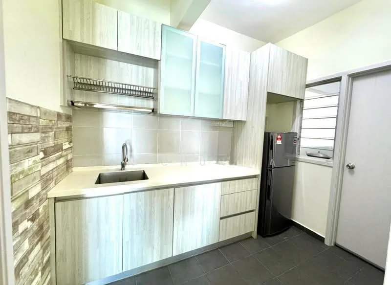 Kitchen features: single-bowl stainless-steel sink, chrome pull-down faucet, light-colored laminate cabinetry, glass-front upper cabinets, countertop with light finish, ceramic tile backsplash with wood pattern, built-in refrigerator, grey tiled flooring, wall-mounted shelving, window with security bars, door leading to hallway; style: modern.