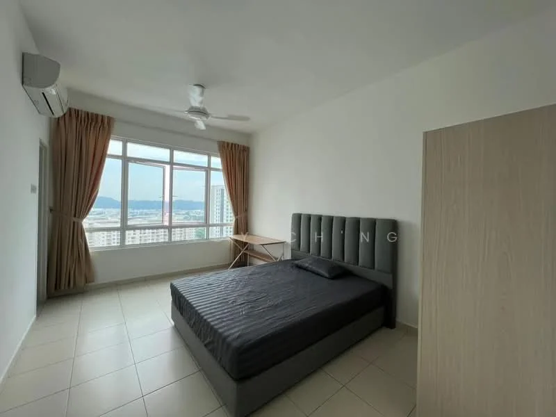 Bedroom features: queen-size bed with upholstered headboard, floor-to-ceiling windows, curtains, ceiling fan, study desk, tile flooring, light-colored walls, built-in wardrobe; style: modern; view: city.