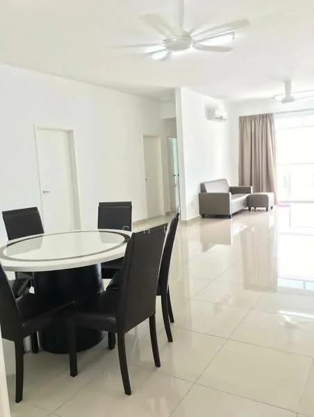 Dining features: round dining table with glass top, 4 black leather dining chairs, white painted walls, polished ceramic tile flooring, 5-blade ceiling fan, wall-mounted split AC, curtains, natural light from large window; style: modern. Living features: beige fabric sofa, white painted walls, polished ceramic tile flooring, 5-blade ceiling fan, wall-mounted split AC, large window with natural light, curtains; style: modern.