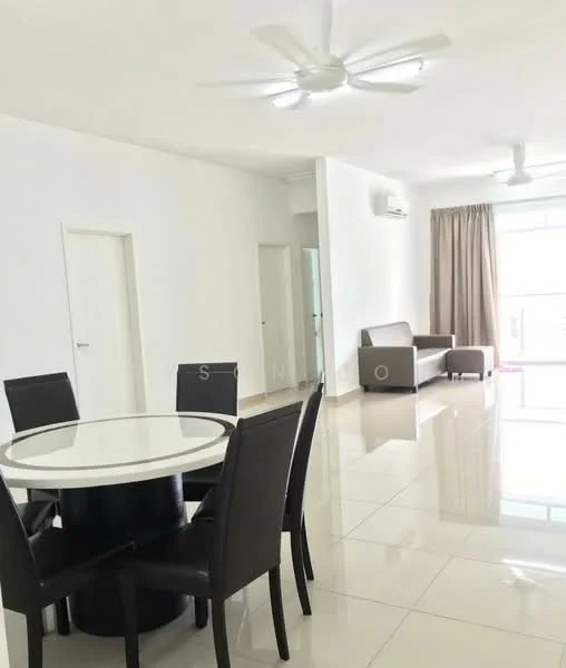 Living features: white painted walls, glossy tile flooring, 5-blade ceiling fan with light, sofa in grey, curtains in beige, floor-to-ceiling windows, air conditioning unit, coffee table, area rug, dining table with round glass top, 4 upholstered dining chairs; style: modern.