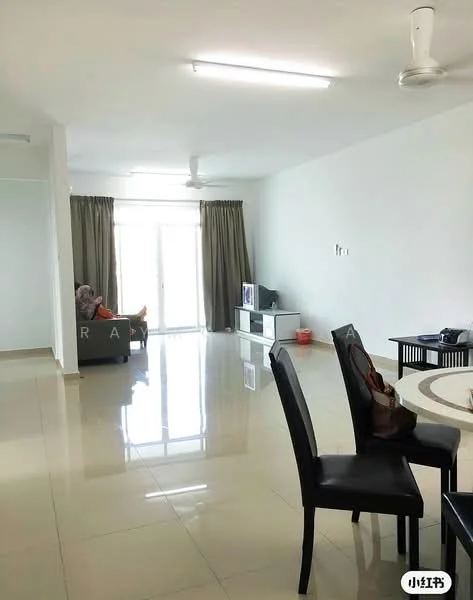 Living features: white painted walls, glossy tile flooring, recessed LED downlights, 5-blade ceiling fan, floor-to-ceiling windows, sliding glass door, curtains, TV console, wall-mounted TV, sofa, coffee table, area rug; style: modern.