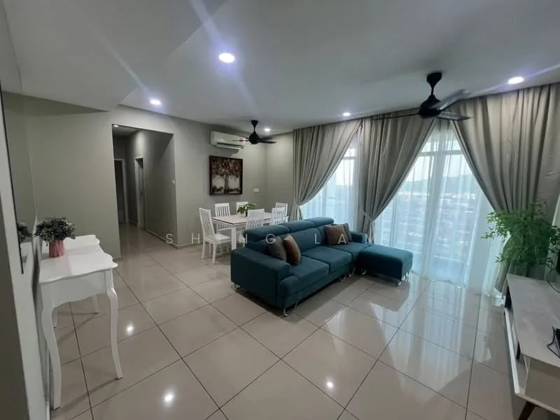 Living features: L-shape sectional sofa in teal, white coffee table, floor-to-ceiling windows with sheer curtains, 2 ceiling fans, light grey painted walls, glossy beige tile flooring, decorative plants in ceramic pots, wall-mounted TV, decorative console table, dining area with white dining table and chairs; style: modern; view: city. Dining features: white dining table, 4 white dining chairs; style: modern; view: city. Room features: hallway leading to other rooms.
