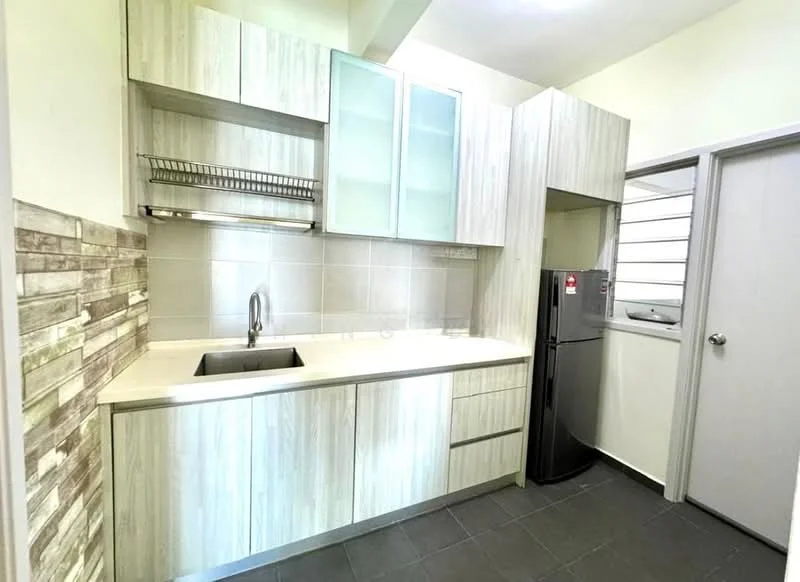 Kitchen features: laminate cabinetry in light wood finish, white countertop, single-bowl stainless-steel sink, chrome pull-down faucet, built-in wall shelves, ceramic tile backsplash with wood pattern, stainless-steel fridge, grey tile flooring, window with horizontal slats, door to hallway; style: modern.