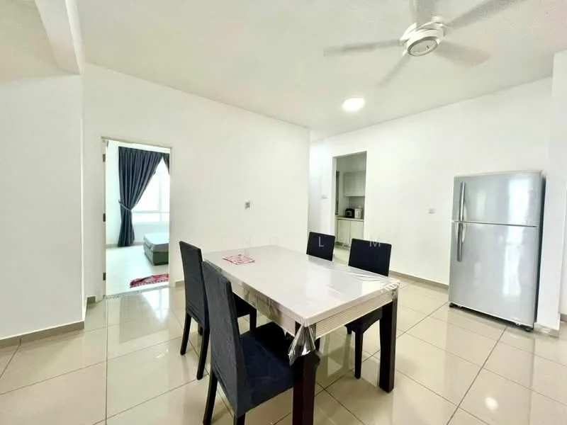 Dining features: white painted walls, glossy beige floor tiles, 5-blade ceiling fan with light, dining table with white top, 4 upholstered dining chairs in navy blue, refrigerator in stainless steel, doorway leading to living area, window with sheer curtains; style: modern.