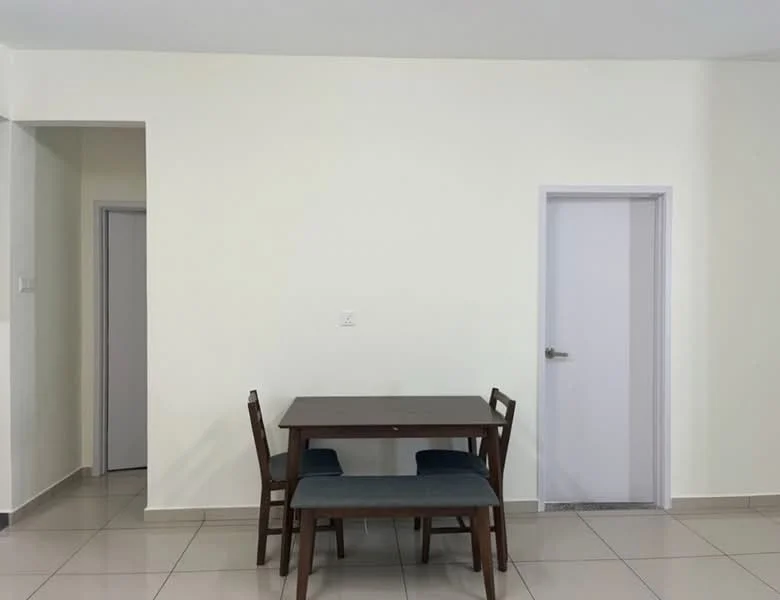 Dining features: square wooden dining table, 4 wooden dining chairs, grey upholstered seat cushions, white painted walls, glossy tile flooring, doorway leading to another room, door leading to another space; style: modern.
