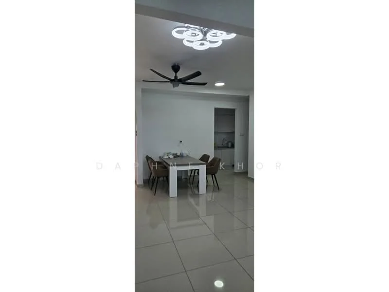 Dining features: white dining table, 4 upholstered dining chairs, 5-blade ceiling fan with integrated LED light, recessed downlights, cream painted walls, glossy tile flooring, open shelving unit, wall-mounted electrical outlet; style: modern.