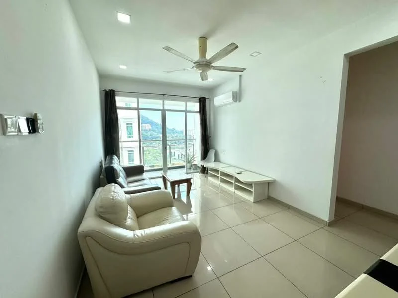 Living features: white painted walls, cream leather sofa, 2-seater fabric sofa in grey, coffee table, floor-to-ceiling windows, curtains, ceiling fan, wall-mounted air conditioning unit, tile flooring, mountain view; style: modern; view: mountain.