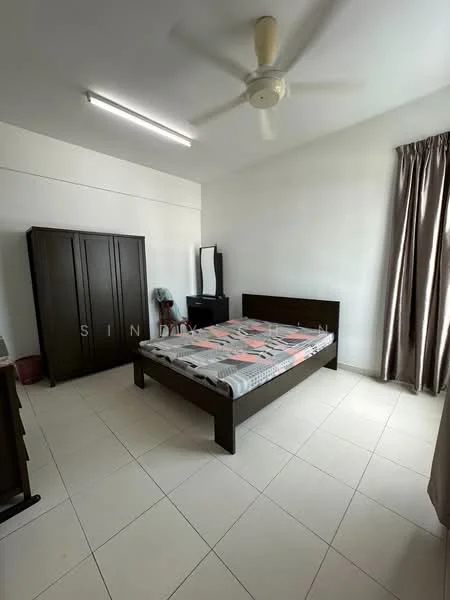 Bedroom features: queen-size bed, upholstered headboard, 2 bedside tables, wardrobe with sliding doors, full-length mirror, ceiling fan, window with curtain, tile flooring, plain white walls, recessed lighting; style: modern.