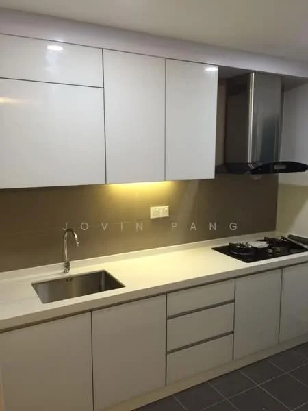 Kitchen features: white flat-panel cabinets, stainless-steel single-bowl sink, chrome pull-down faucet, white solid surface countertop, grey tile backsplash, built-in gas hob, stainless-steel range hood, under-cabinet lighting, grey floor tiles; style: modern.