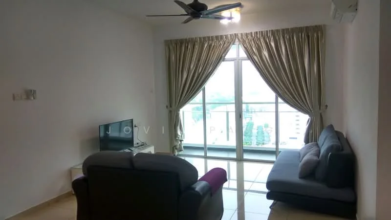 Living features: floor-to-ceiling windows, curtains, 3-seater fabric sofa in grey, 2-seater fabric sofa in dark grey, coffee table, wall-mounted TV, ceiling fan with light, tile flooring, air conditioning unit, decorative wall; style: modern; view: city.